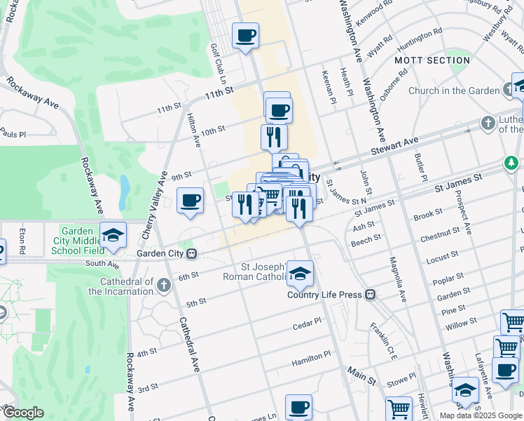 map of restaurants, bars, coffee shops, grocery stores, and more near 111 7th Street in Garden City