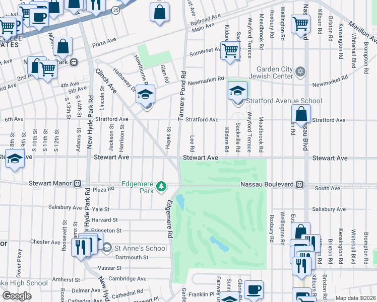 map of restaurants, bars, coffee shops, grocery stores, and more near 153 Stewart Avenue in Garden City