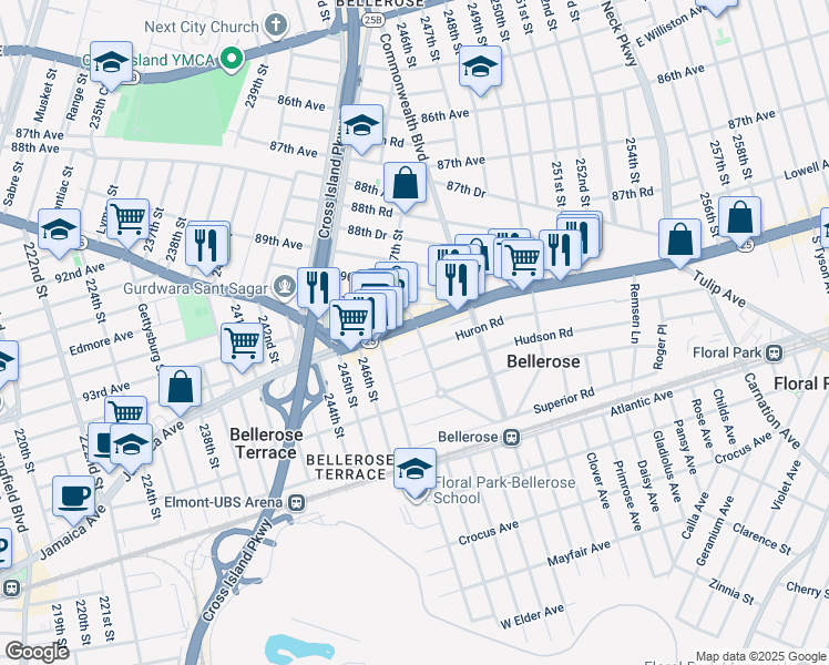 map of restaurants, bars, coffee shops, grocery stores, and more near 24736 New York 25 in Bellerose