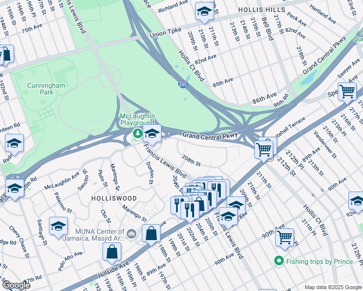 map of restaurants, bars, coffee shops, grocery stores, and more near 86-15 208th Street in Queens