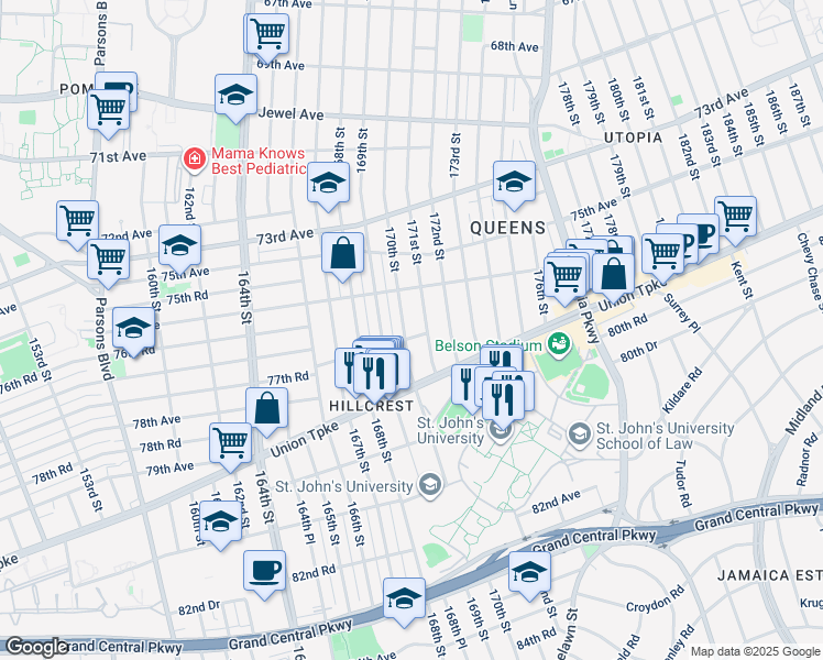 map of restaurants, bars, coffee shops, grocery stores, and more near 170-8 77th Road in Queens