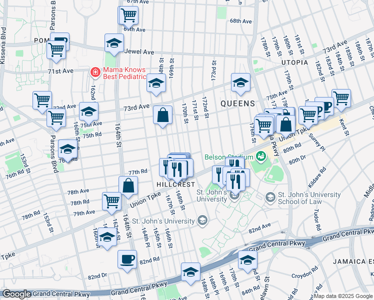 map of restaurants, bars, coffee shops, grocery stores, and more near 170-8 77th Road in Queens