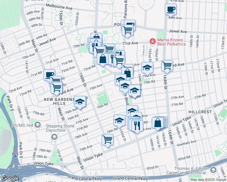 map of restaurants, bars, coffee shops, grocery stores, and more near 75-25 153rd Street in Queens