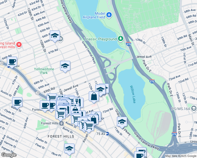 map of restaurants, bars, coffee shops, grocery stores, and more near Jewel Avenue in Queens