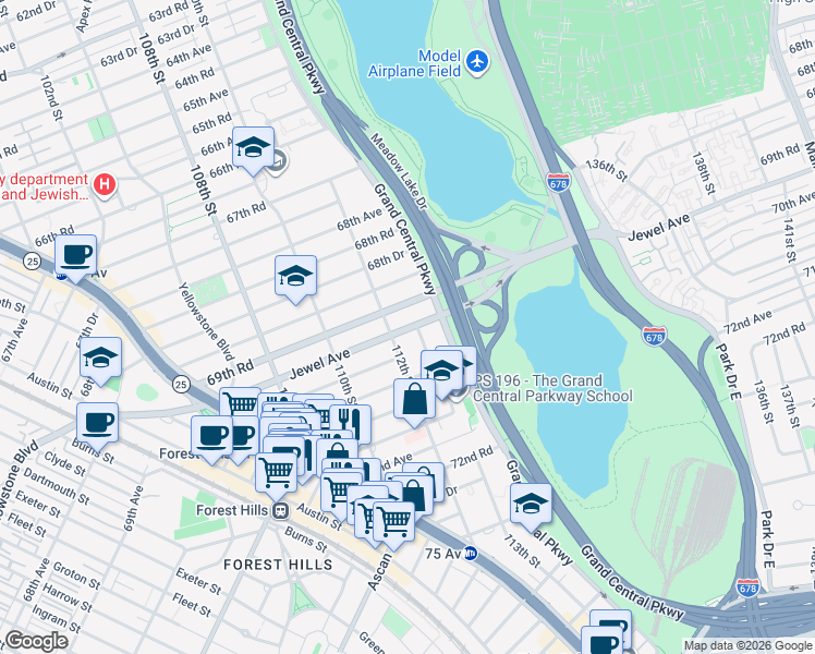 map of restaurants, bars, coffee shops, grocery stores, and more near 69-65 113th Street in Queens