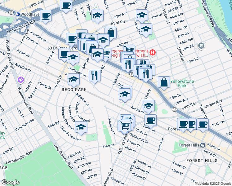 map of restaurants, bars, coffee shops, grocery stores, and more near 66-17 Austin Street in Queens