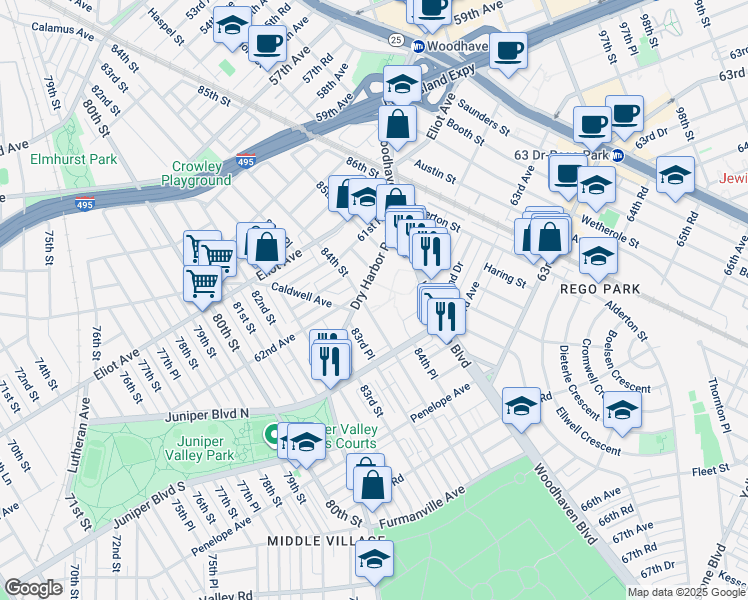 map of restaurants, bars, coffee shops, grocery stores, and more near 62-25 84th Street in Queens