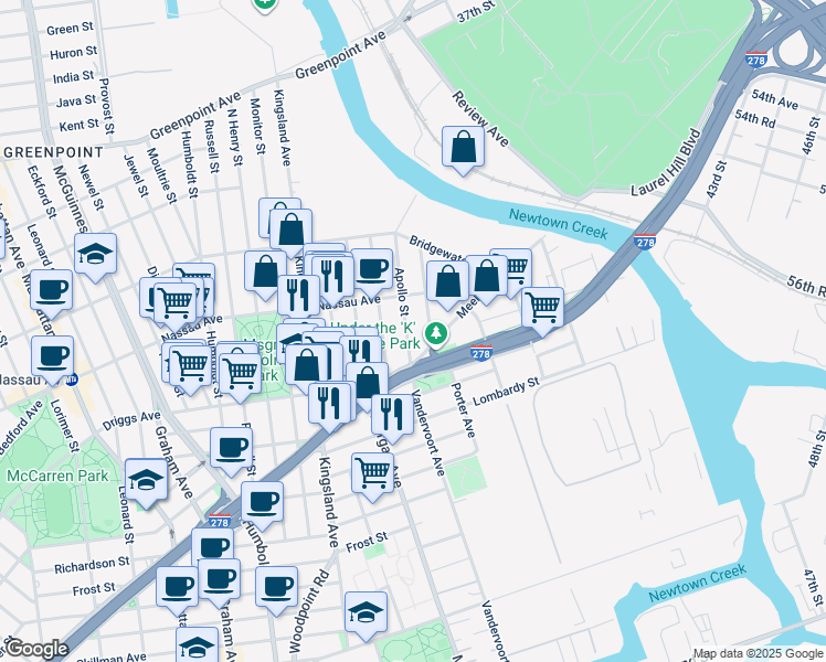 map of restaurants, bars, coffee shops, grocery stores, and more near 23A Apollo Street in Brooklyn