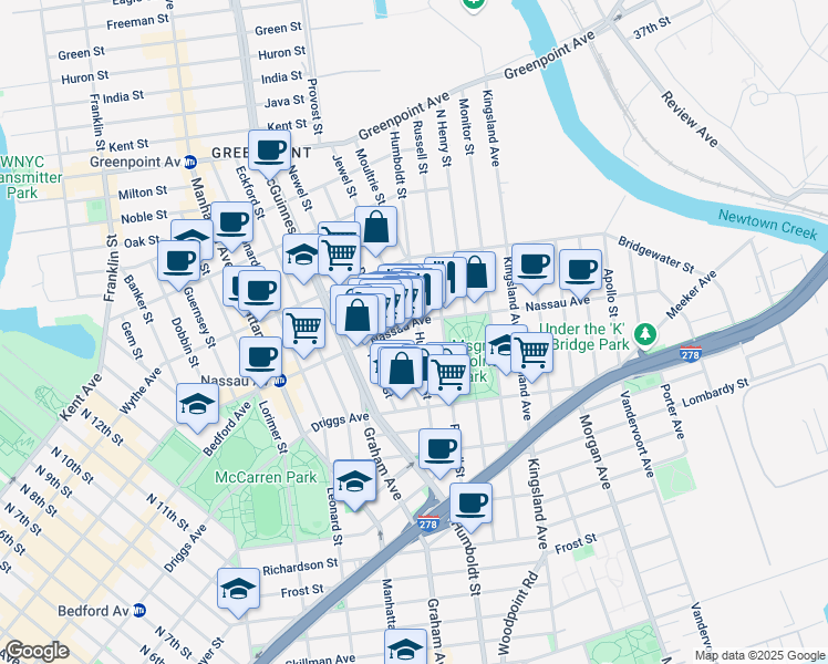 map of restaurants, bars, coffee shops, grocery stores, and more near 663 Humboldt Street in Brooklyn