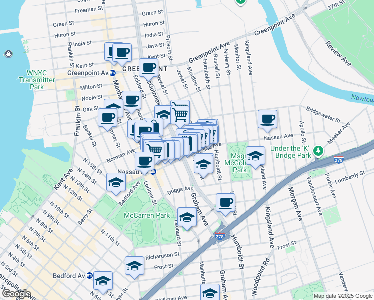 map of restaurants, bars, coffee shops, grocery stores, and more near 115 A Nassau Avenue in Brooklyn
