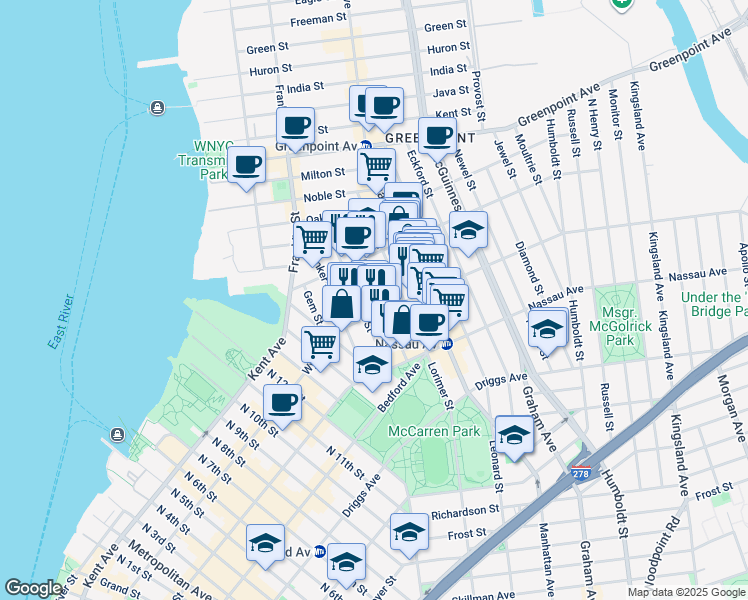 map of restaurants, bars, coffee shops, grocery stores, and more near 33 Norman Avenue in Brooklyn