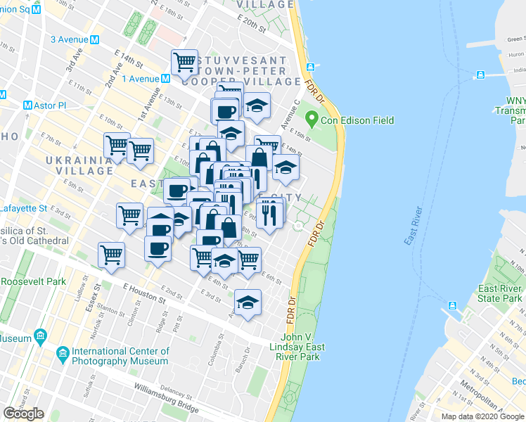 map of restaurants, bars, coffee shops, grocery stores, and more near 717 East 9th Street in New York