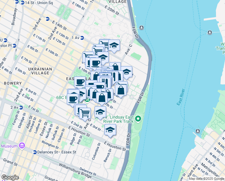 map of restaurants, bars, coffee shops, grocery stores, and more near 717 East 9th Street in New York