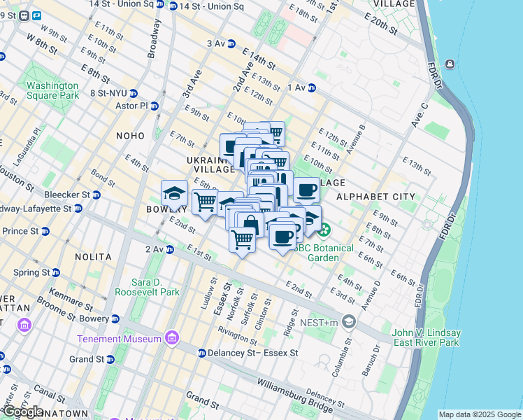 map of restaurants, bars, coffee shops, grocery stores, and more near 79 Avenue A in New York