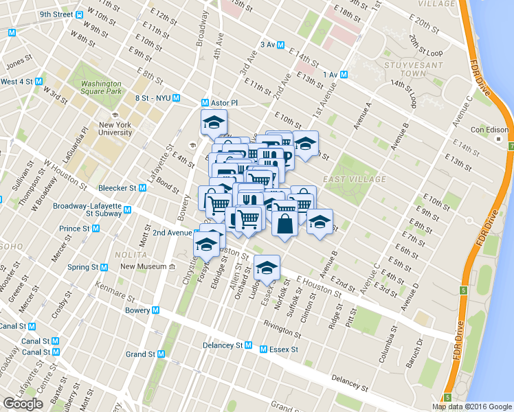 map of restaurants, bars, coffee shops, grocery stores, and more near 57 1st Avenue in New York