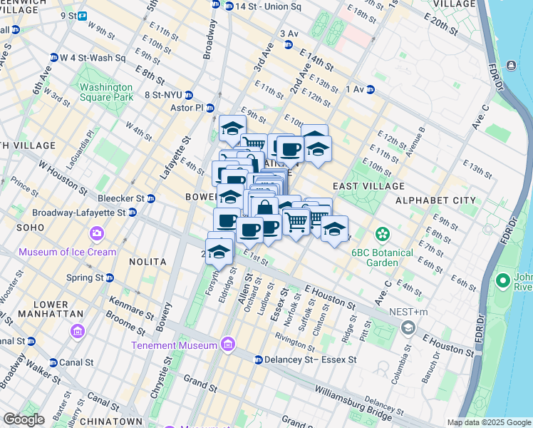 map of restaurants, bars, coffee shops, grocery stores, and more near 57 1st Avenue in New York