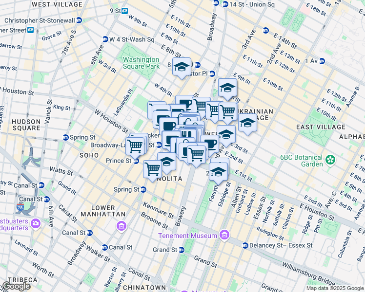 map of restaurants, bars, coffee shops, grocery stores, and more near 301 Elizabeth Street in New York