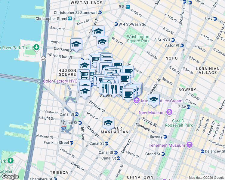 map of restaurants, bars, coffee shops, grocery stores, and more near 423 West Broadway in New York