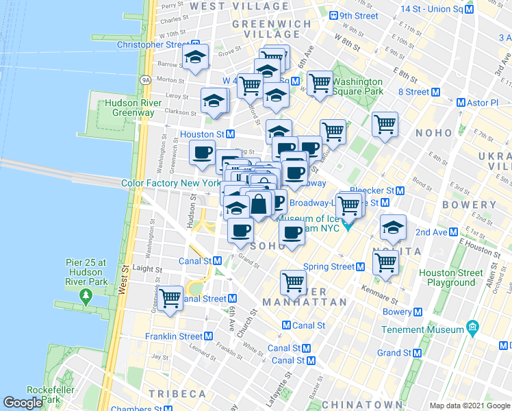 map of restaurants, bars, coffee shops, grocery stores, and more near 126 6th Avenue in New York