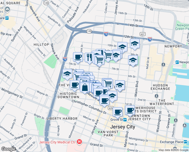 map of restaurants, bars, coffee shops, grocery stores, and more near 87 Coles Street in Jersey City