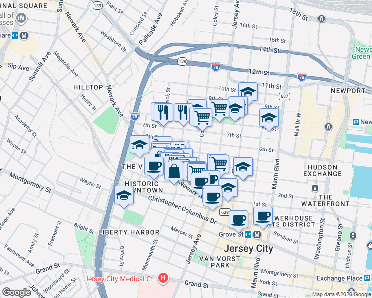map of restaurants, bars, coffee shops, grocery stores, and more near 437 Monmouth Street in Jersey City