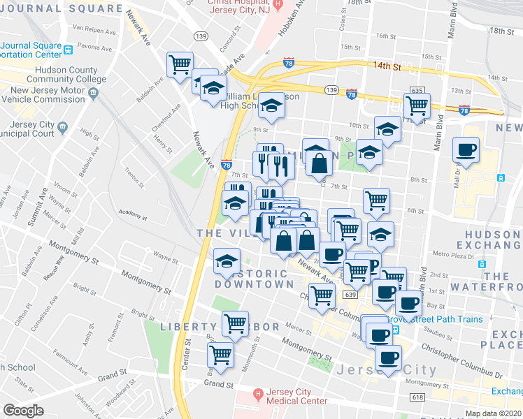 map of restaurants, bars, coffee shops, grocery stores, and more near in Jersey City