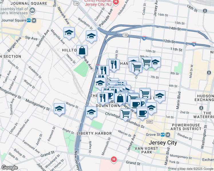 map of restaurants, bars, coffee shops, grocery stores, and more near 204 Merseles Street in Jersey City