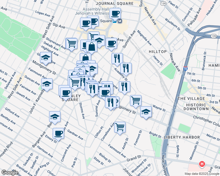 map of restaurants, bars, coffee shops, grocery stores, and more near in Jersey City