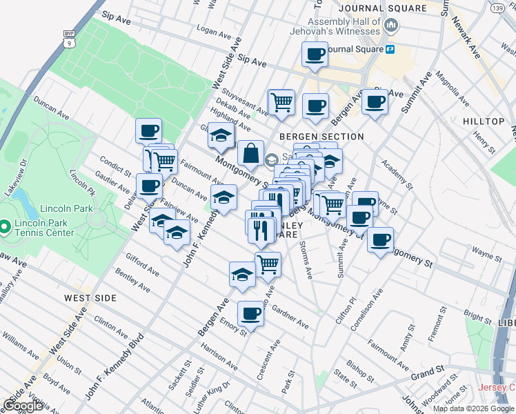 map of restaurants, bars, coffee shops, grocery stores, and more near 333 Fairmount Avenue in Jersey City