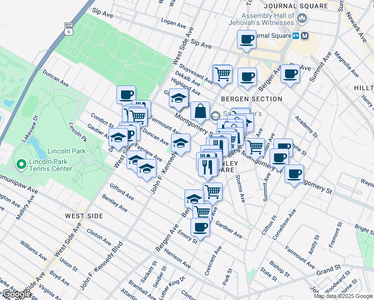map of restaurants, bars, coffee shops, grocery stores, and more near 75 Duncan Court in Jersey City