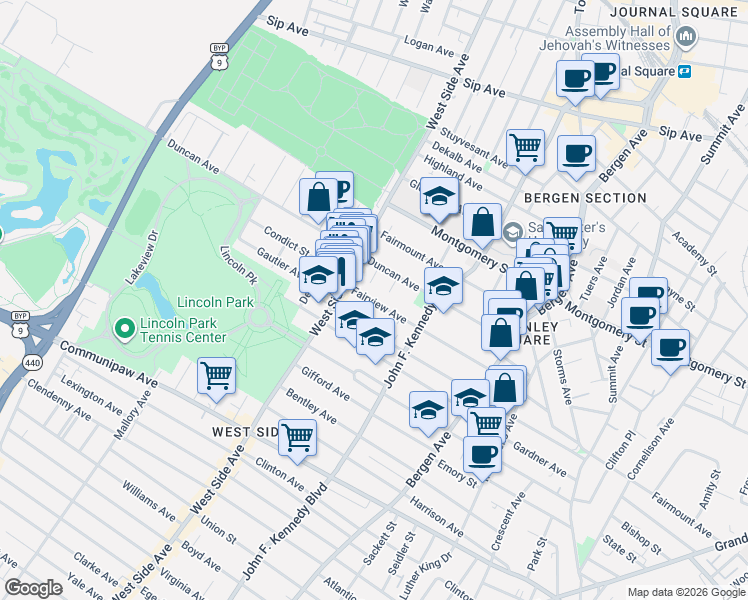 map of restaurants, bars, coffee shops, grocery stores, and more near 185 Fairview Avenue in Jersey City