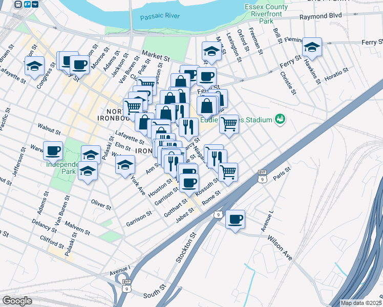 map of restaurants, bars, coffee shops, grocery stores, and more near 107 Niagara Street in Newark