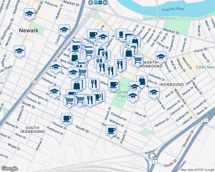map of restaurants, bars, coffee shops, grocery stores, and more near 81 Nichols Street in Newark