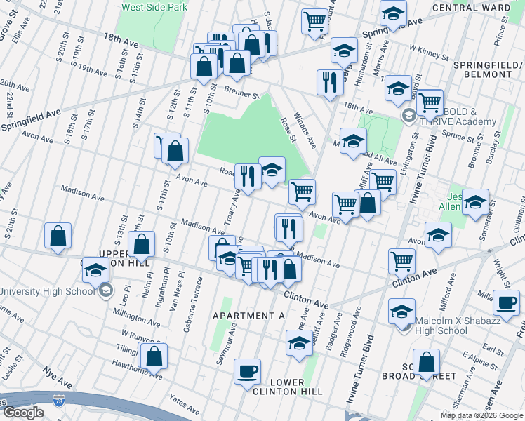 map of restaurants, bars, coffee shops, grocery stores, and more near 14 Seymour Avenue in Newark