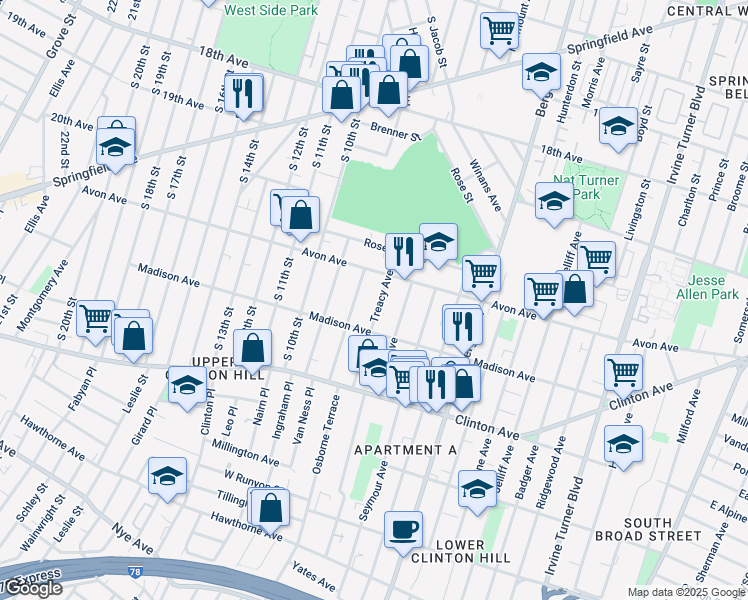 map of restaurants, bars, coffee shops, grocery stores, and more near 49 Treacy Avenue in Newark