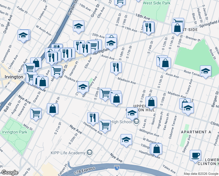 map of restaurants, bars, coffee shops, grocery stores, and more near 896 South 18th Street in Newark