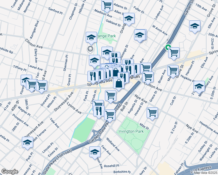 map of restaurants, bars, coffee shops, grocery stores, and more near 635 Nye Avenue in Irvington