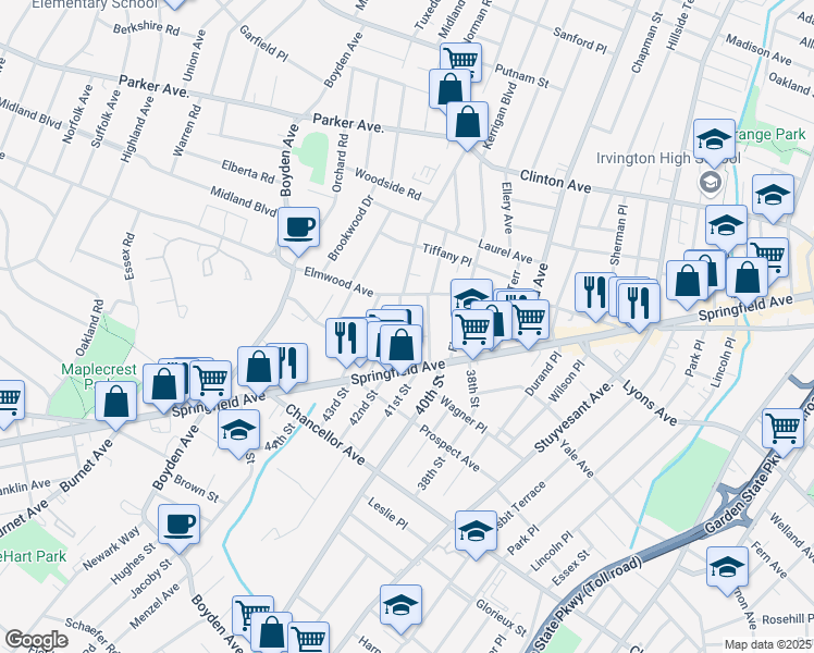 map of restaurants, bars, coffee shops, grocery stores, and more near 23 Franklin Terrace in Irvington