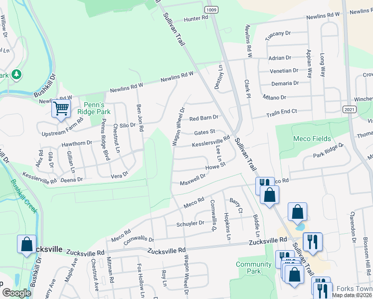 map of restaurants, bars, coffee shops, grocery stores, and more near 850 Kesslersville Road in Easton