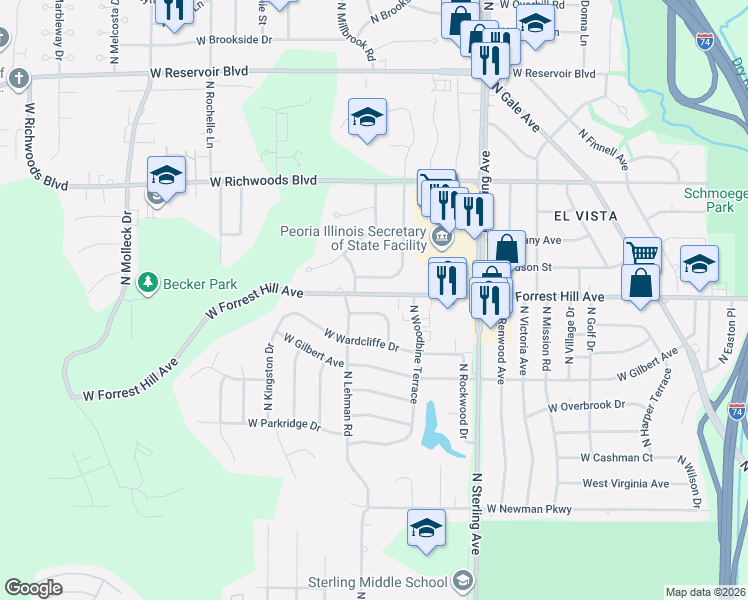 map of restaurants, bars, coffee shops, grocery stores, and more near 2834 West Sheffield Drive in Peoria