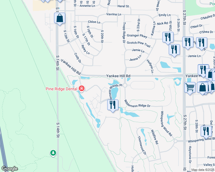 map of restaurants, bars, coffee shops, grocery stores, and more near 8700 Executive Woods Drive in Lincoln