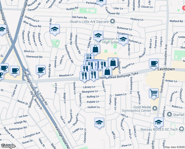 map of restaurants, bars, coffee shops, grocery stores, and more near 2939 Hempstead Turnpike in Levittown