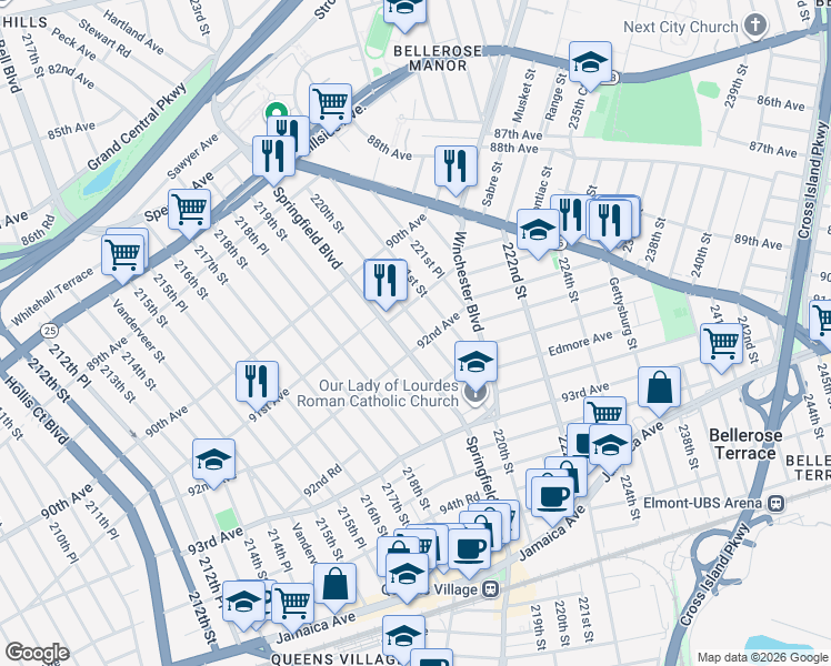 map of restaurants, bars, coffee shops, grocery stores, and more near 91-48 220th Street in Queens