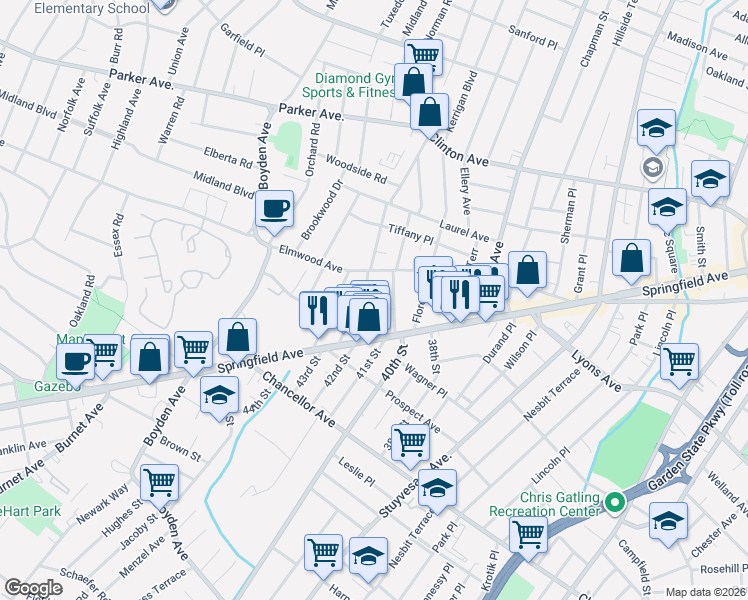 map of restaurants, bars, coffee shops, grocery stores, and more near 23 Franklin Terrace in Irvington