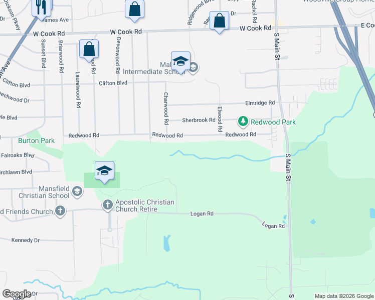 map of restaurants, bars, coffee shops, grocery stores, and more near 145 Redwood Road in Mansfield