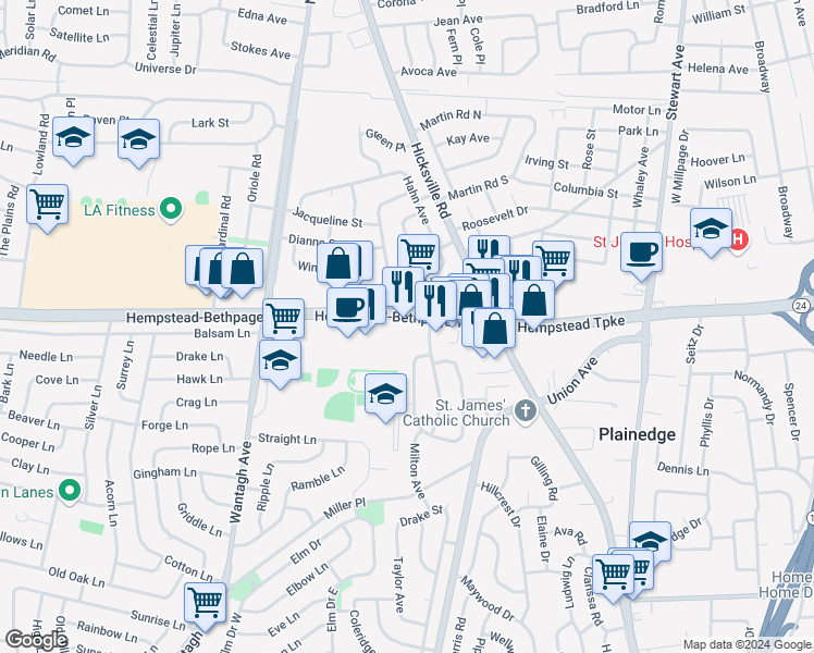 map of restaurants, bars, coffee shops, grocery stores, and more near 3880 Hempstead Bethpage Turnpike in Levittown