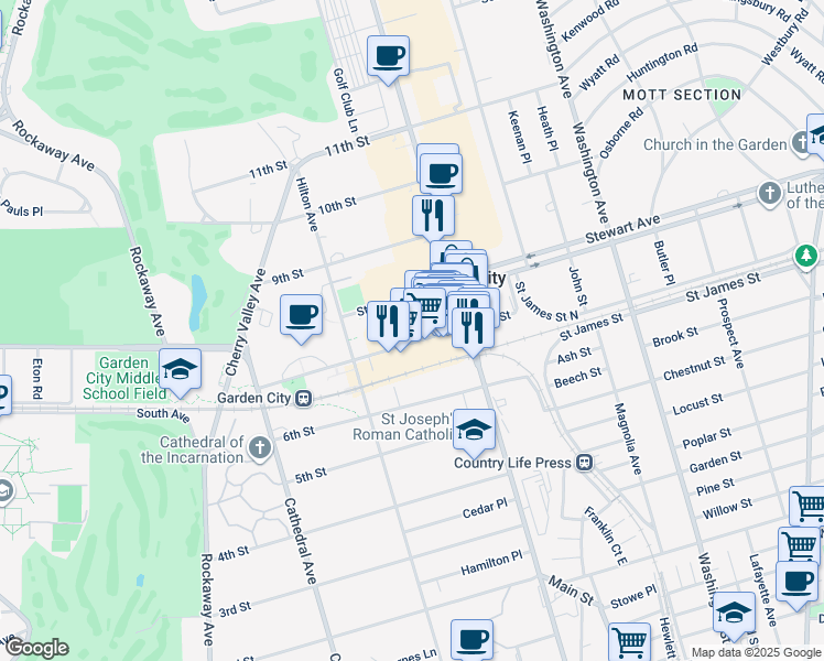 map of restaurants, bars, coffee shops, grocery stores, and more near 111 7th Street in Garden City