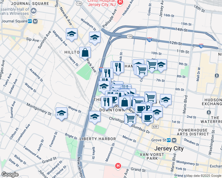 map of restaurants, bars, coffee shops, grocery stores, and more near 204 Merseles Street in Jersey City