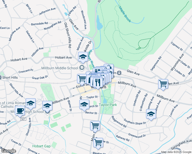 map of restaurants, bars, coffee shops, grocery stores, and more near 26 Main Street in Essex County