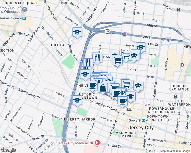 map of restaurants, bars, coffee shops, grocery stores, and more near 369 5th Street in Jersey City